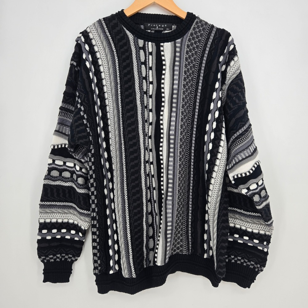 Vtg 90s Coogi Style 3D Knit Textured Sweater Black White Gray Streetwear Mens XL
